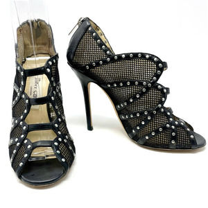 Jimmy Choo Karina Studded Leather Caged Peep Toe Stiletto Heels Black EU 38.5